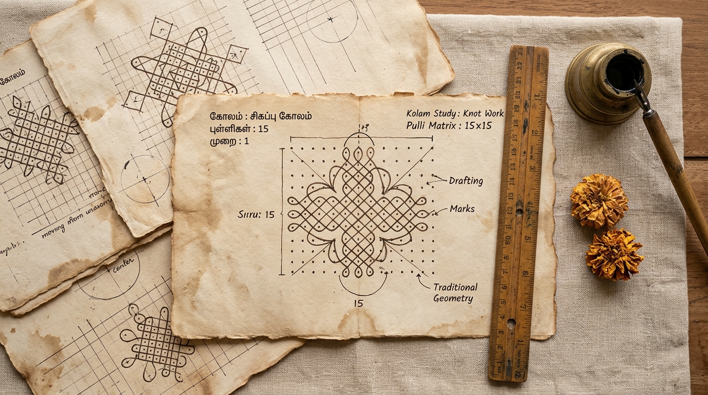 Mathematical dot grid arrays and topological symmetry in Kolam manuscript