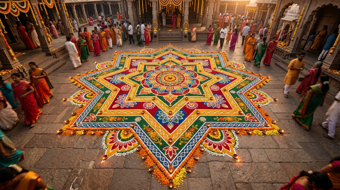 Vibrant festival temple kolam celebrating festive heritage