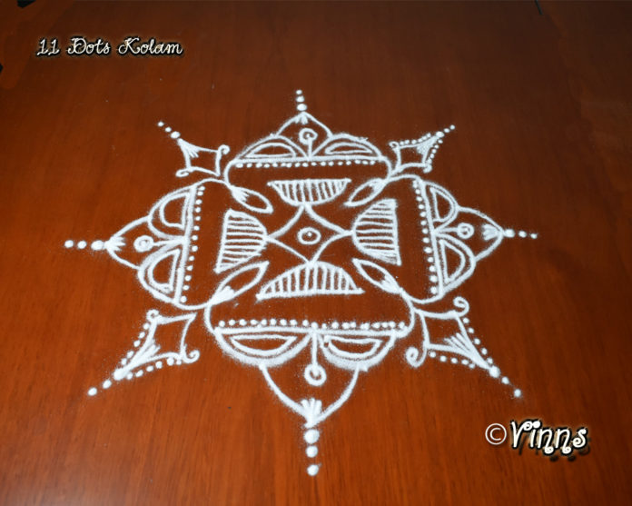 11_dots_Line_kolam line kolam, pulli kolangal, simple kolam, dot kolam