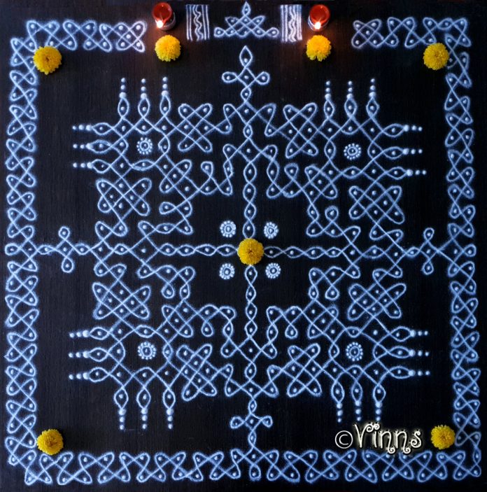 Sikku kolam for margzhi season. big sikku kolam, temple pond, chikku kolam, margazhi