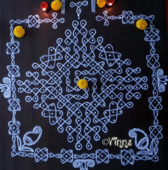 16_dots_sikku_kolam_margazhi_dhanurmasa_muggulu muggulu, margazhi kolam, big kolam, sikku kolam, chikku kolam, neli kolam, design kolam