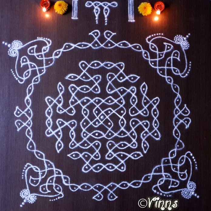 10_dots_brahmamudi_sikku_kolam margazhi, big kolams, sikku kolam, neli kolam, big kolams