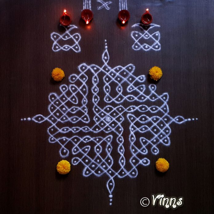 13_dots_sikku_kolam_rangoli_muggulu karthigai, vilakku kolam, lamps, diya, karthigai month, kaarthigai, maha deepam, thiruvannamalai, margazhi kolam