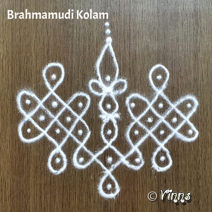 5_dots_brahmudikolam_muggulu brahmamudichi kolam, brahma mudi kolam, small kolam, simple rangoli, easy rangoli, simple kolam, sikku kolam, new kolam