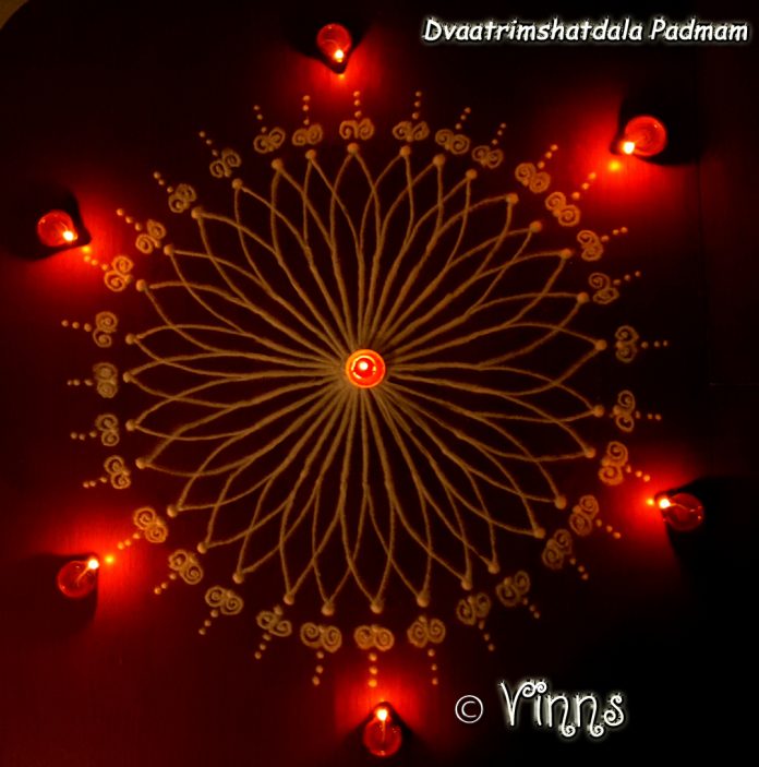 dvaatrimshatdala_Padmam karthigai, vilakku kolam, lamps, diya, karthigai month, kaarthigai, maha deepam, thiruvannamalai, margazhi kolam