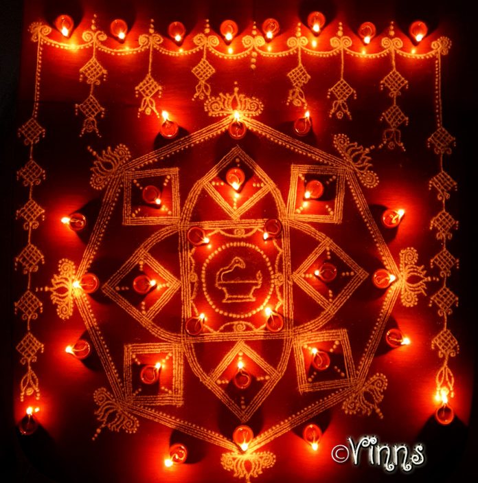 seeveli_vilakku_kolam_karthigai_muggulu karthigai, vilakku kolam, lamps, diya, karthigai month, kaarthigai, maha deepam, thiruvannamalai, margazhi kolam