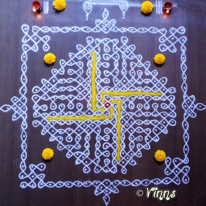 17_dots_margazhi_sikku_muggulu_kolam margazhi kolam, big sikku kolam, karthigai, vilakku kolam, lamps, diya, karthigai month, kaarthigai, maha deepam, thiruvannamalai, margazhi kolam