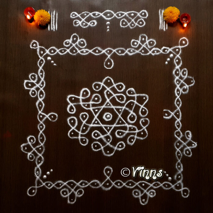 7 dots, sikku kolam, star kolam, daily koalms, new kolasm, simple kolams, simple 7 dots kolam