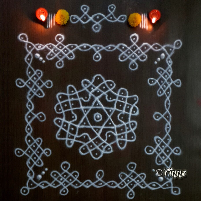 7 dots, sikku kolam, star kolam, daily koalms, new kolasm, simple kolams, simple 7 dots kolam