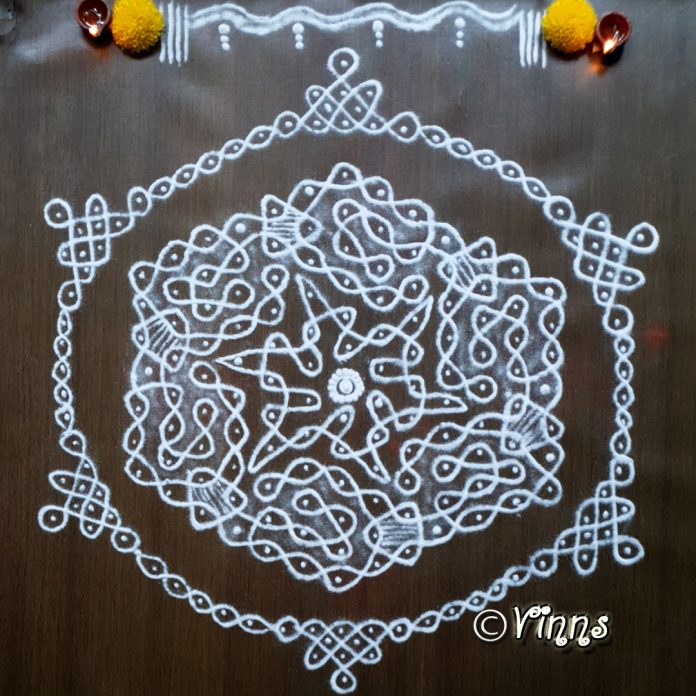 13-7_dots_sikku_sangu_kolam_neli_kolam_rangoli_muggulu_alpona 13 dots, sikku sangu kolam, sangha muggulu, 13-7 dots, margazhi kolam, karthigai deepa kolam