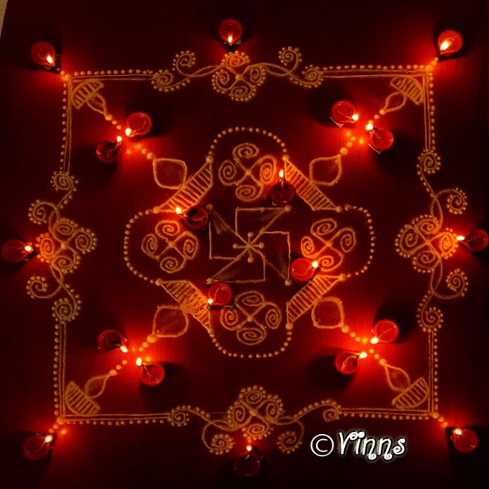 Karthigai kolam, agal vilakku, vilakku kolam, diya rangoli, margazhi kolam,13 dots, sikku kolam,