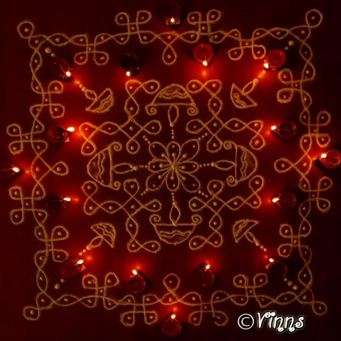 Karthigai kolam, agal vilakku, vilakku kolam, diya rangoli, margazhi kolam,13 dots, sikku kolam,