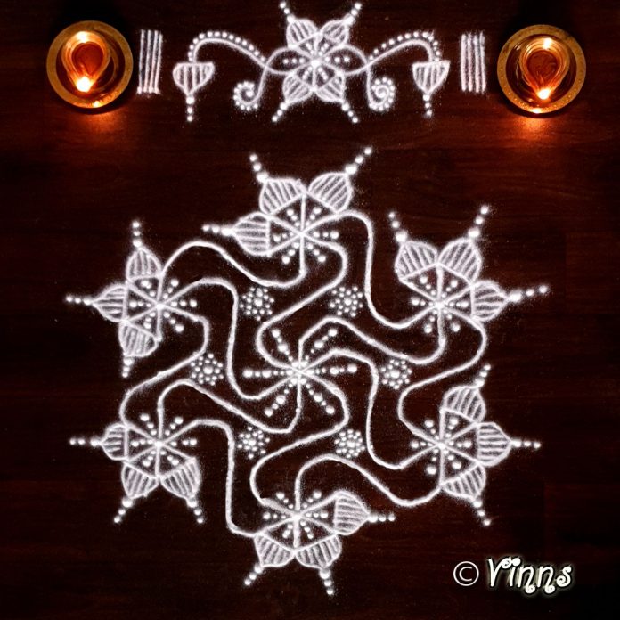 Parijatha kodi kolam 11 dots flower kolam